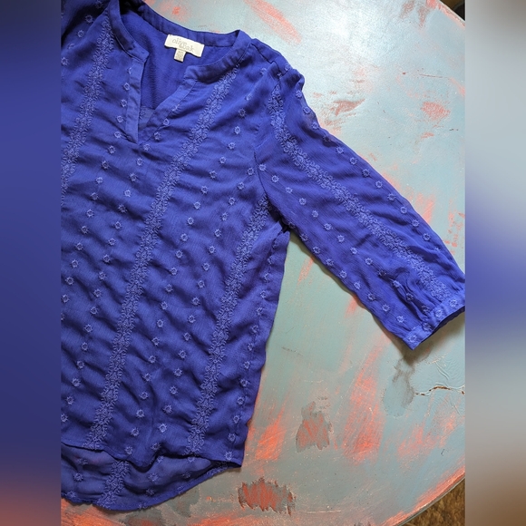 💙 OLIVE + OAK 💙 Sheer Embroidered Indigo Blouse - Picture 2 of 5
